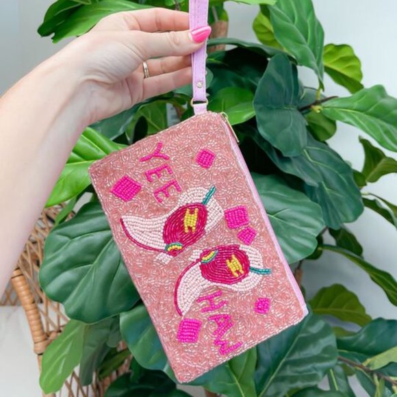 Beaded Yee Haw Cowgirl Western Pink Boots Money Makeup Lipstick Wristlet Bag - Picture 2 of 7